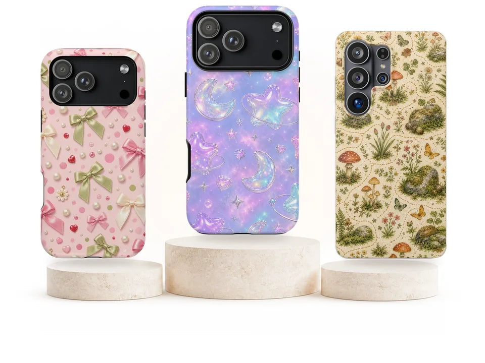Dotty Bow and Holo Jelly iPhone 17 Pro Max cases with a Mushroom Meadow Samsung Galaxy S26 Ultra case